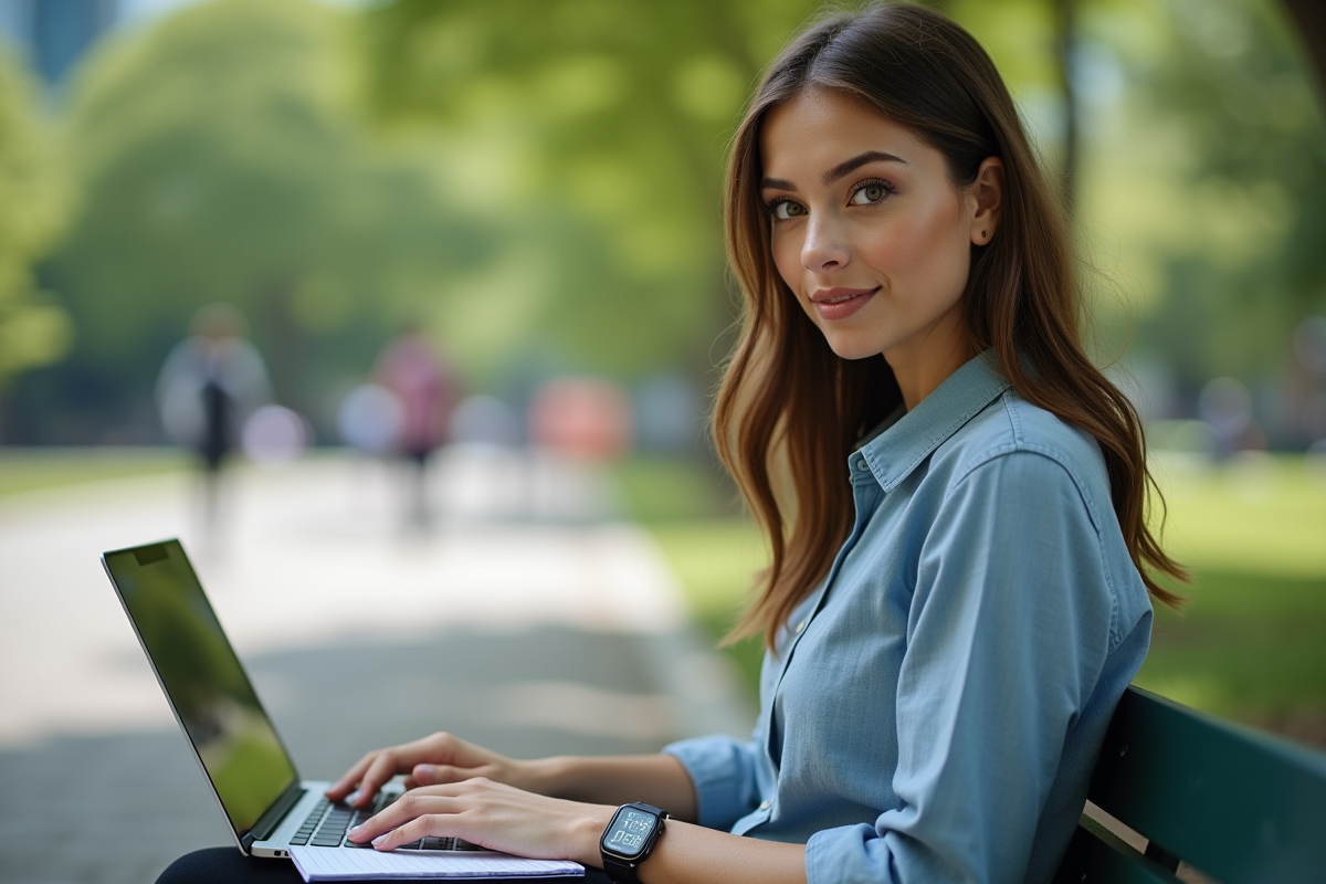 Femme en extérieur vérifiant ses notes sur un ordinateur portable