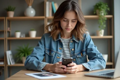 Jeune femme en denim regardant son smartphone avec reconnaissance faciale