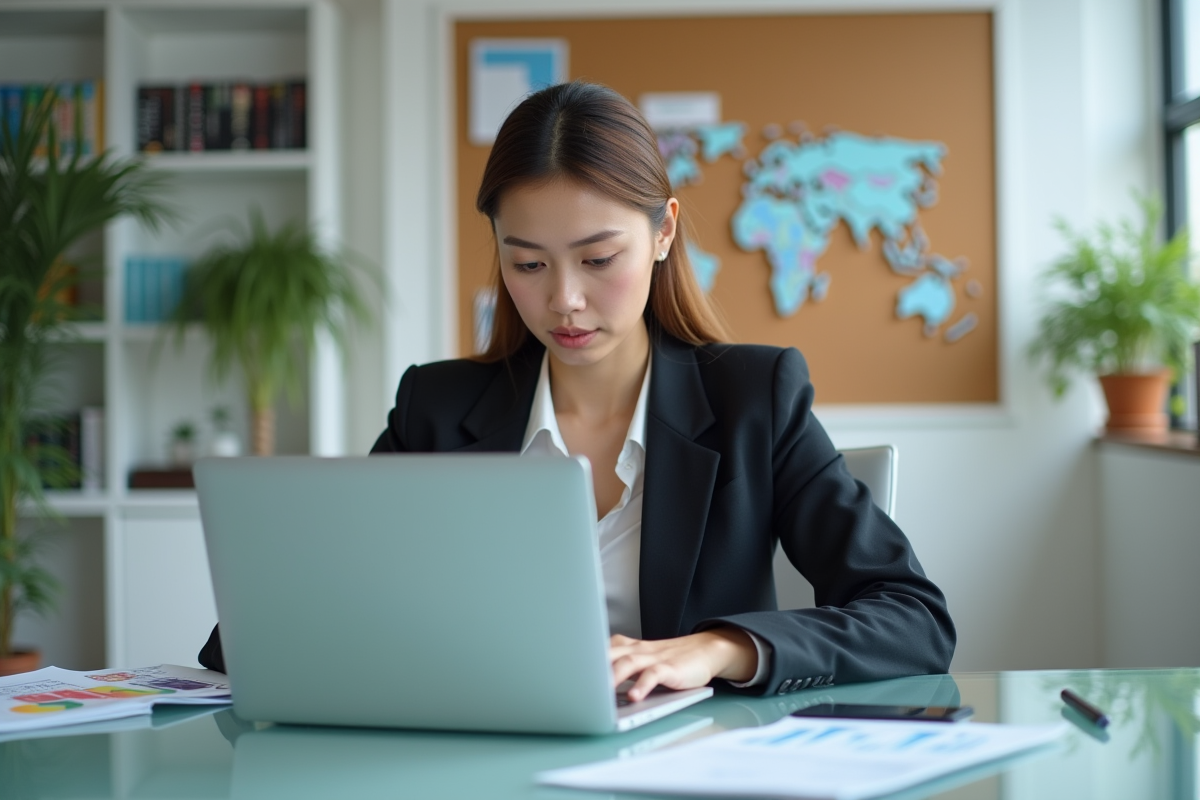 Jeune femme en blazer analyse des statistiques marketing