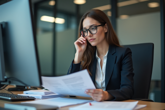 Femme professionnelle en bureau examinant des documents confidentiels