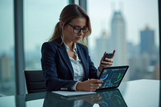 Jeune femme professionnelle utilisant smartphone et tablette