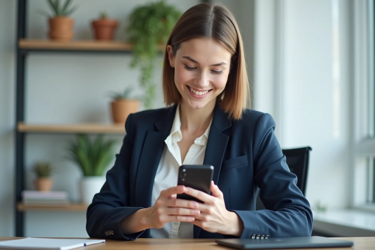 Jeune femme professionnelle souriante avec smartphone en bureau