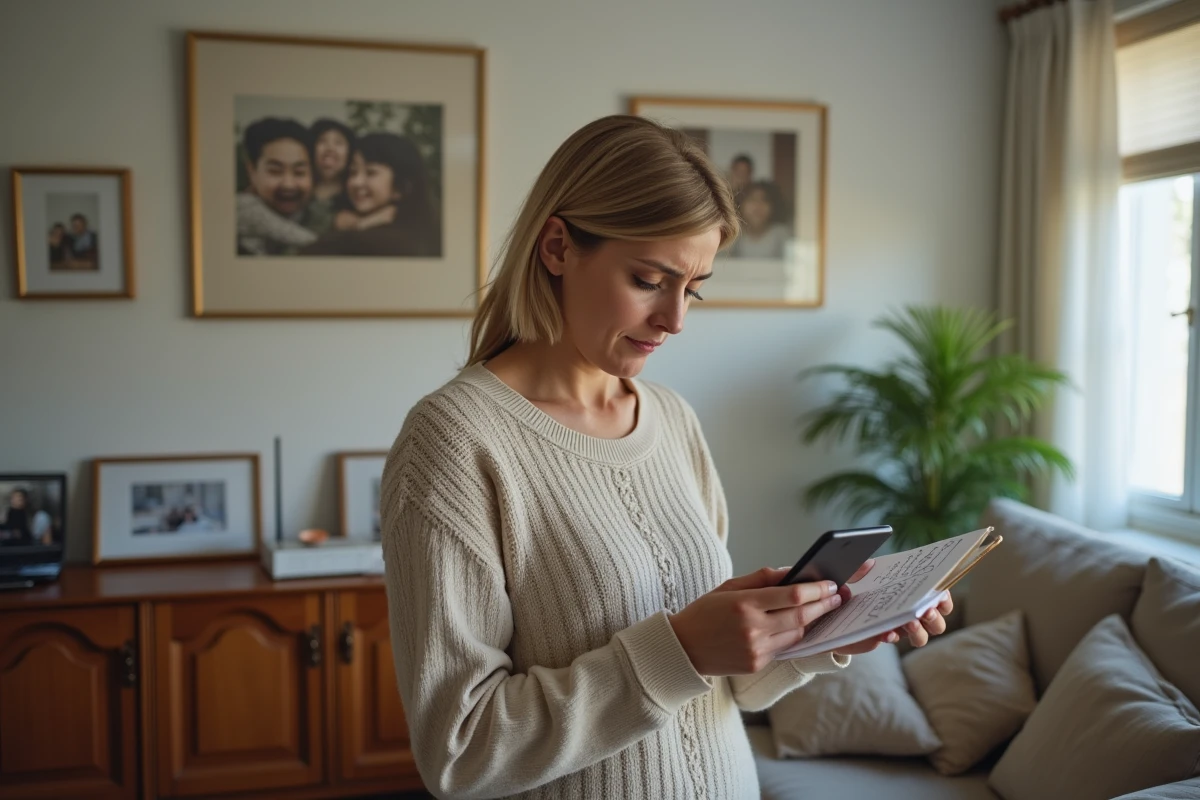 Femme confus regardant son routeur WiFi dans un salon cosy