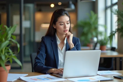 Femme d affaires analysant des graphiques SEO dans un bureau moderne