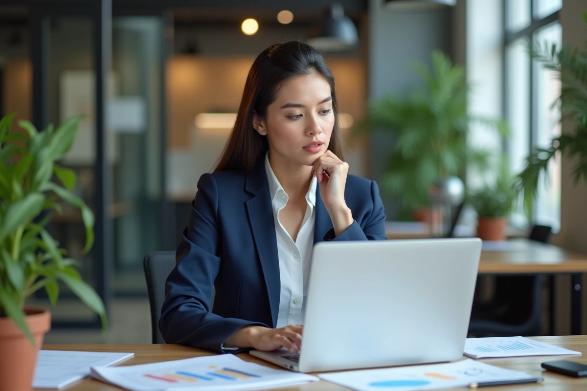 Femme d affaires analysant des graphiques SEO dans un bureau moderne