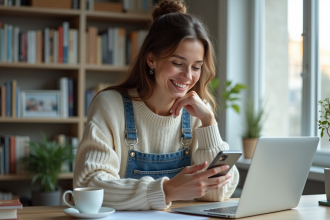 Jeune femme au bureau regardant son smartphone