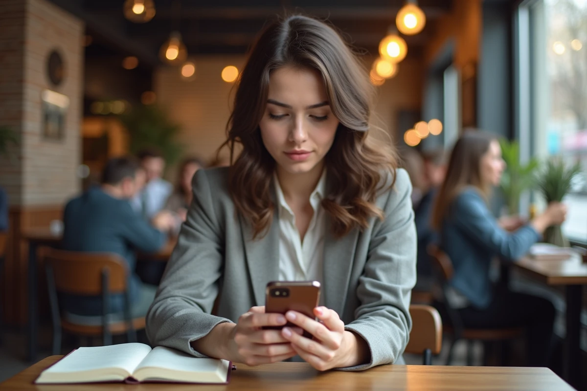 Femme jeune regardant son smartphone dans un caf&eacute; moderne