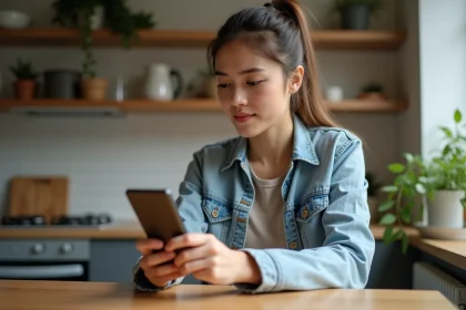 Jeune femme examine un smartphone reconditionne à la maison
