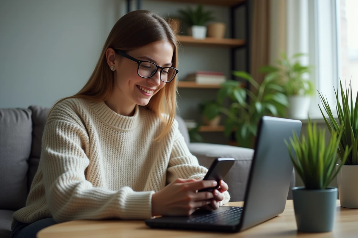 Femme souriante utilise son smartphone près d’un routeur dans un salon