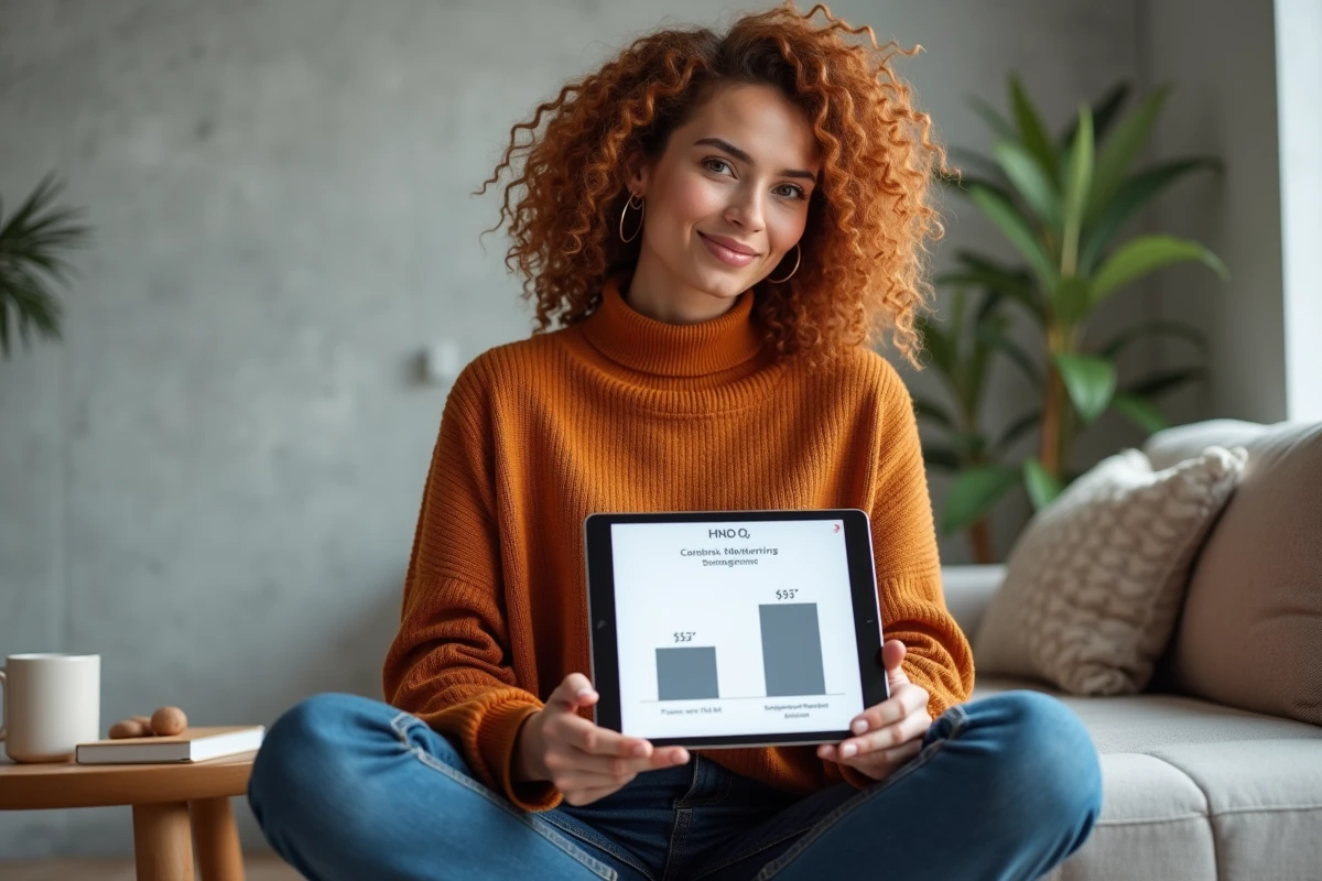 Jeune femme consultant un comparatif tarifaire de logiciels d'emailing sur tablette dans un espace de travail minimaliste