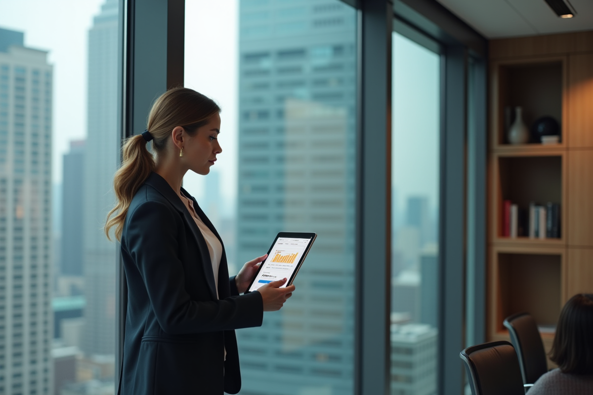 Femme professionnelle regardant un tableau de mots clés sur tablette