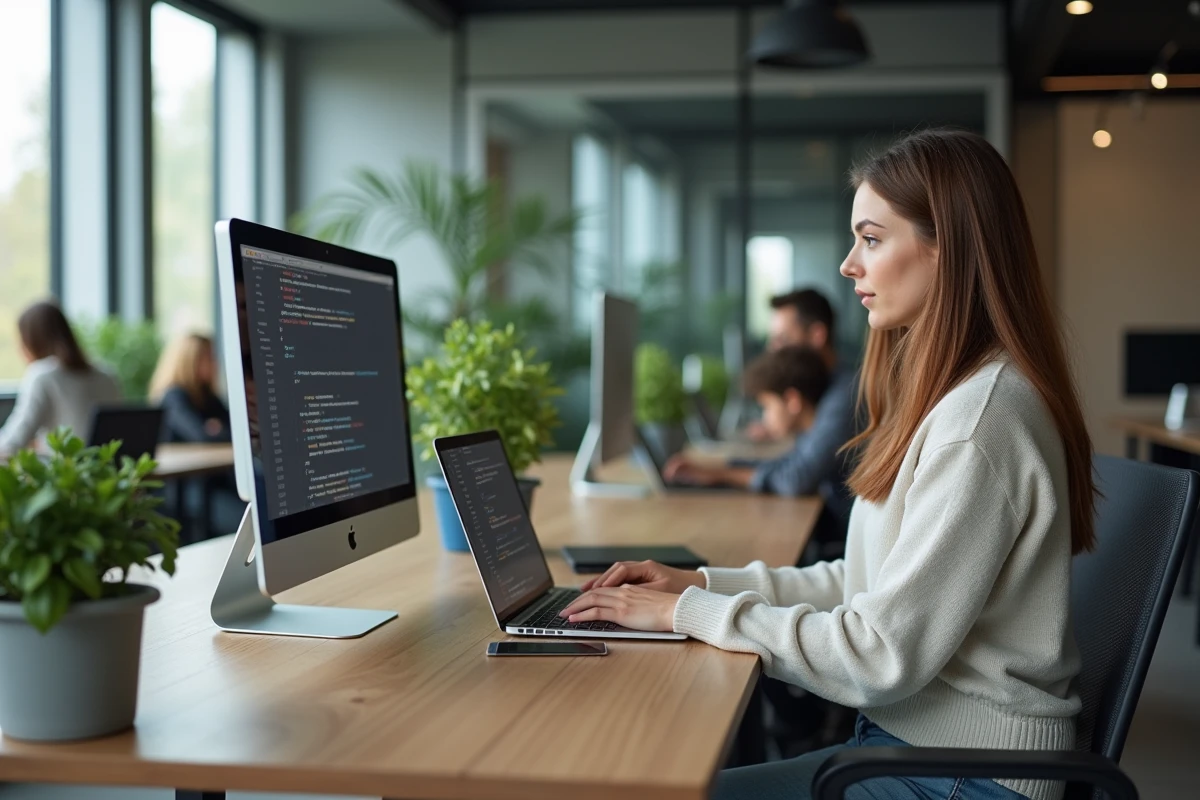 Femme travaillant sur laptop et desktop dans espace coworking