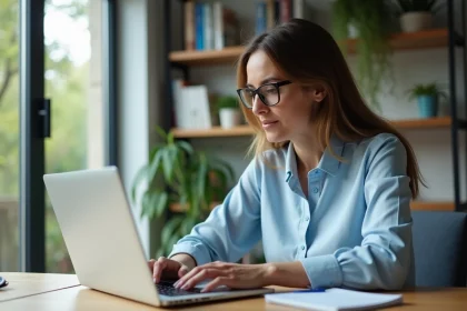 Femme en blouse bleue vérifiant ses réglages réseau à domicile