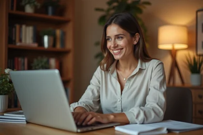 Femme uploadant des photos d'événement sur un ordinateur portable dans un bureau à domicile