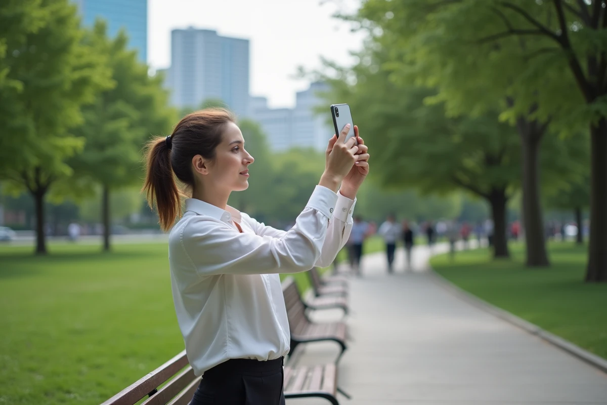 Femme en parc urbain prenant une photo avec téléphone