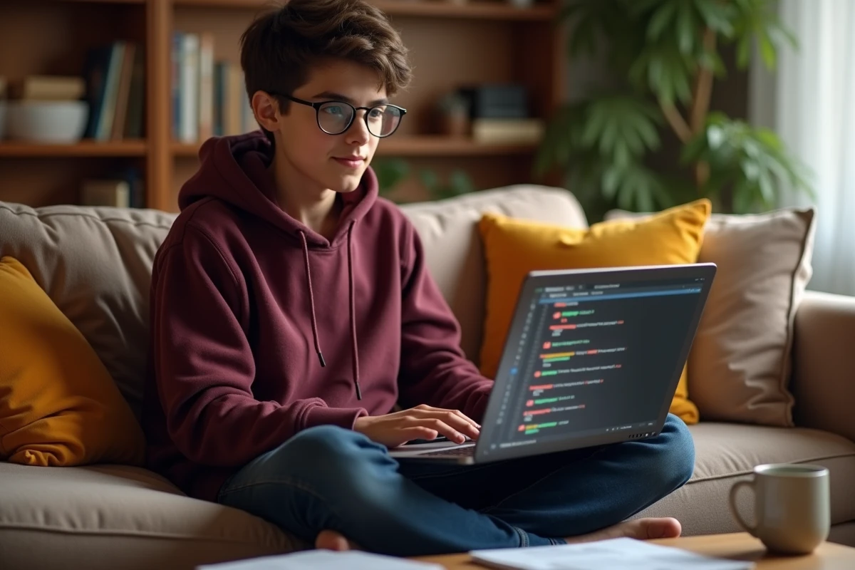 Étudiant consultant un fichier HTML de marques-pages Firefox sur un canapé dans un appartement