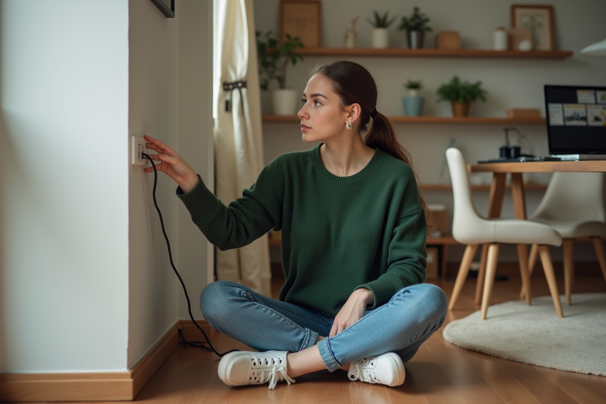 Jeune femme regardant une prise fibre optique dans un salon