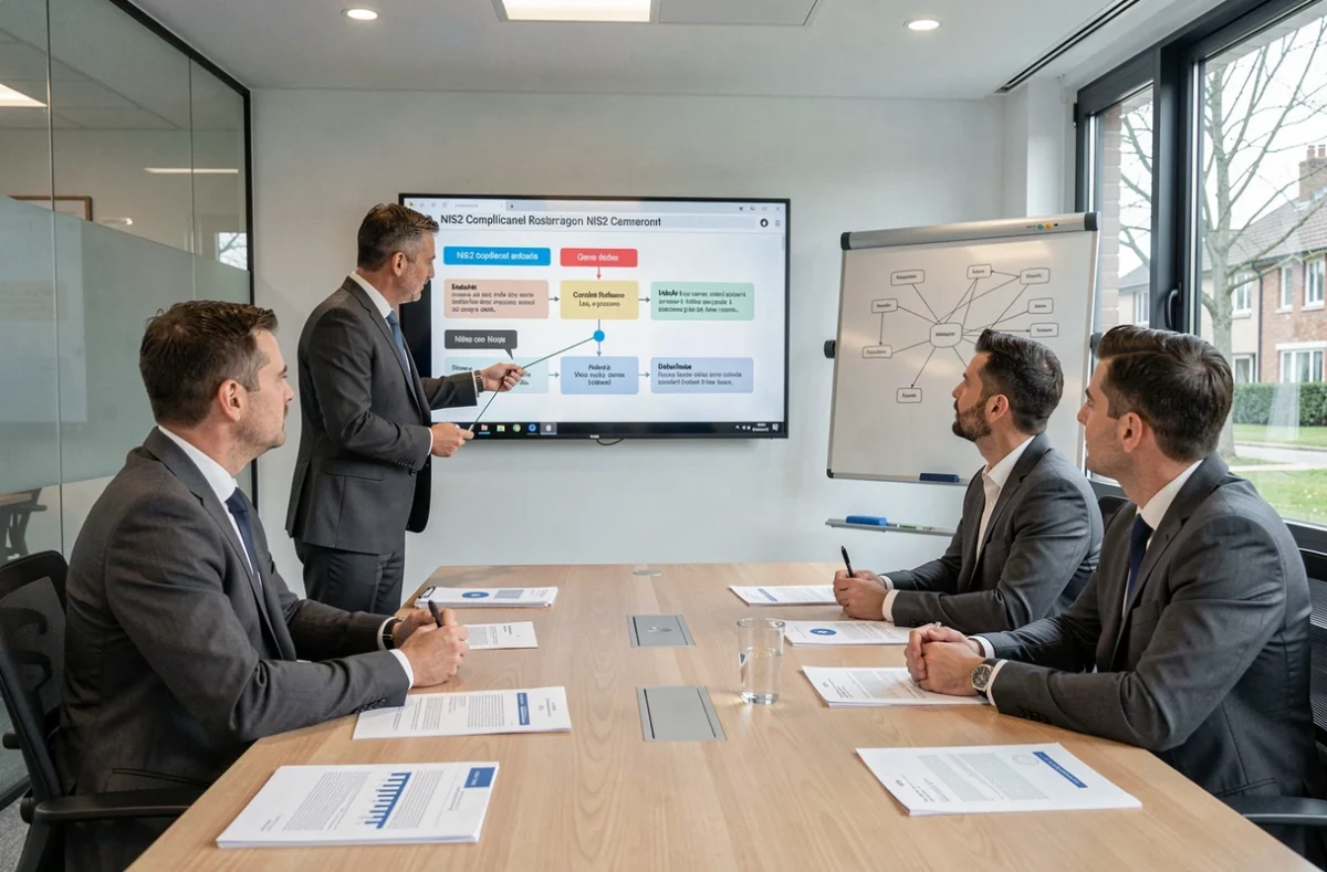 Consultant Genevois Informatique présentant un plan de conformité NIS2 à des dirigeants de PME