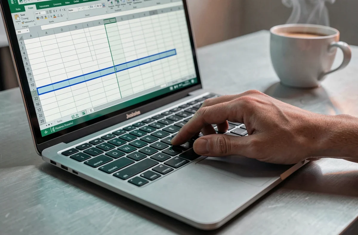 Gros plan sur un écran d'ordinateur portable affichant des lignes figées dans Excel avec une main sur le pavé tactile