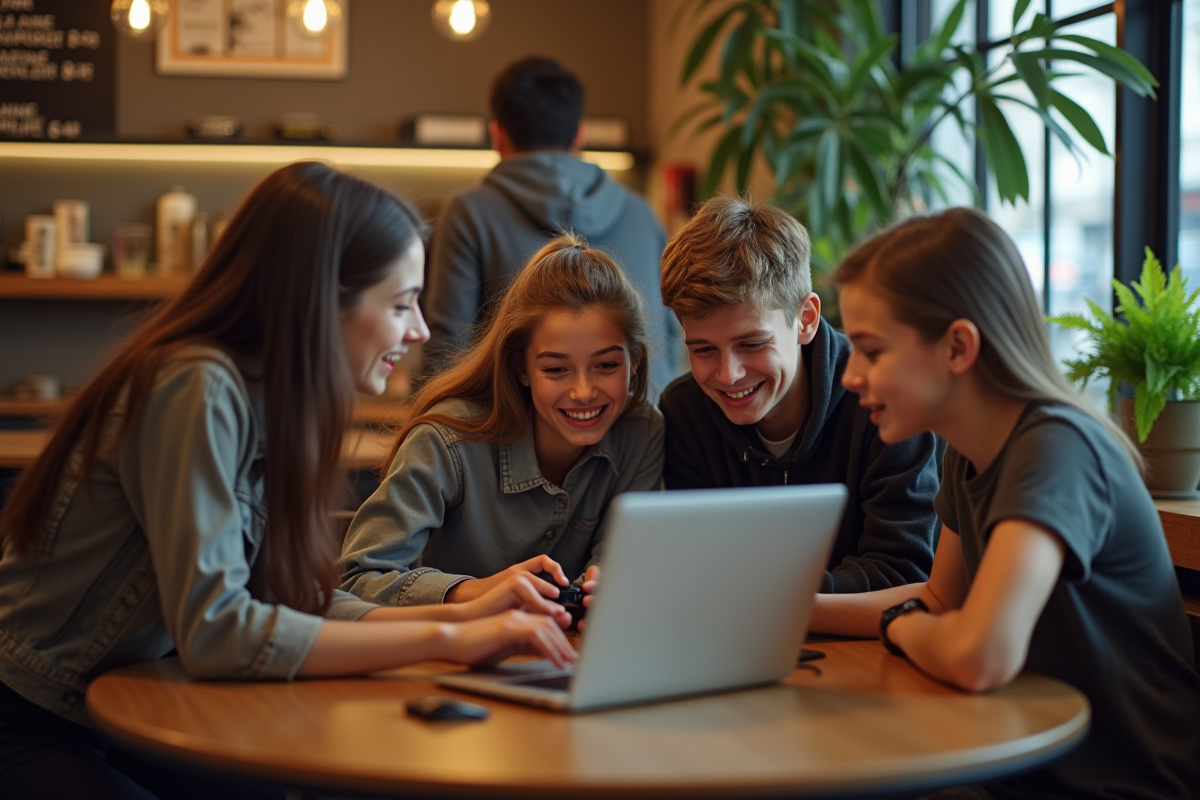 Groupe dados jouant ensemble sur un ordinateur portable dans un café