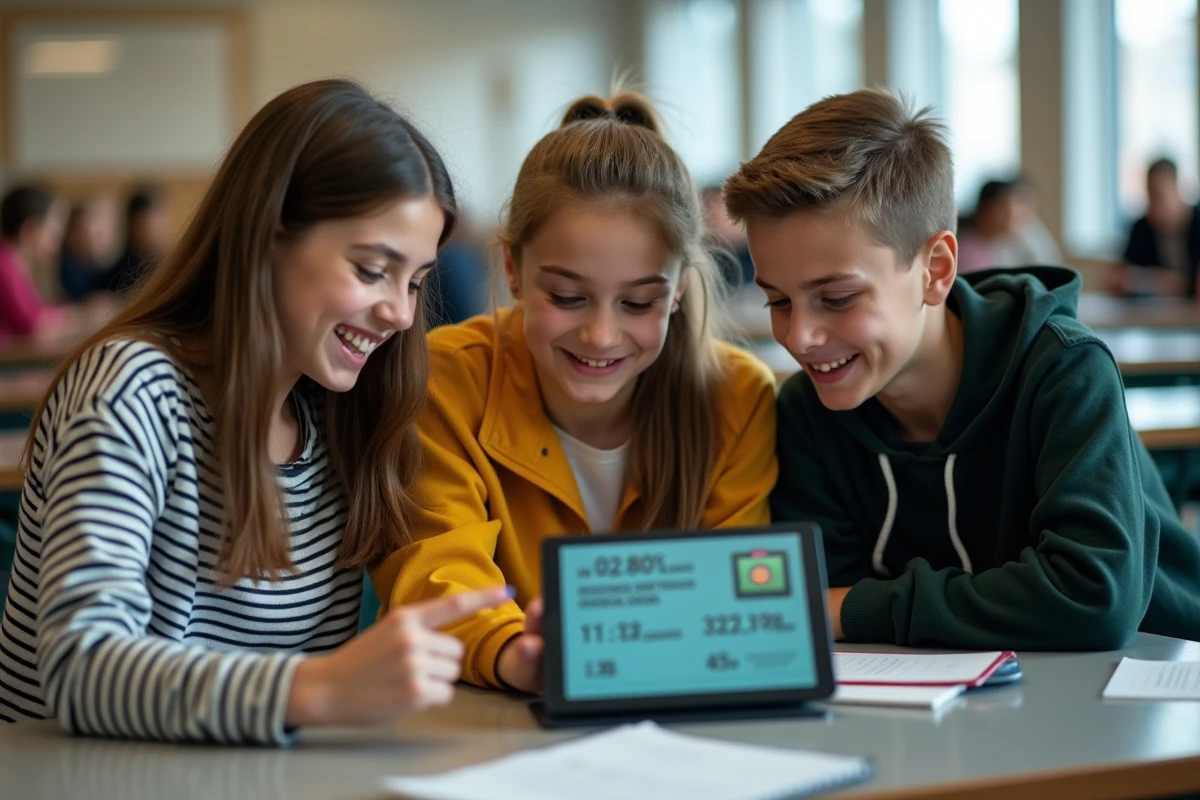 Groupe d'élèves discutant autour d'une tablette avec le jeu Paperclip Universal pour apprendre les enjeux de l'IA
