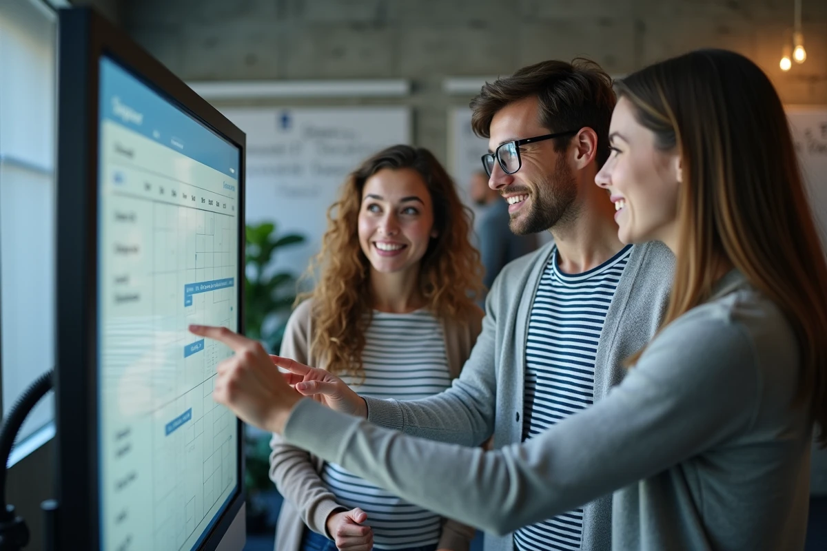 Groupe d'étudiants ingénieurs planifiant des réunions de projet et des travaux dirigés sur un agenda partagé Zimbra dans un espace collaboratif