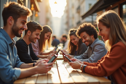 Groupe de jeunes adultes au café utilisant leurs smartphones
