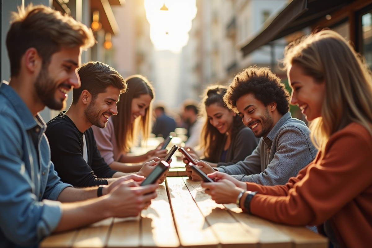 Groupe de jeunes adultes au café utilisant leurs smartphones