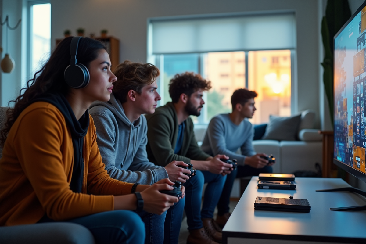 Jeunes adultes jouant à des jeux vidéo dans un salon lumineux