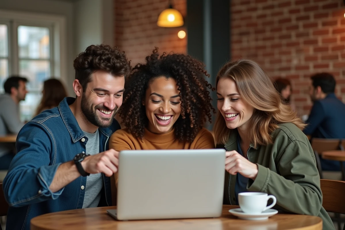 Groupe de personnes consultant et partageant des photos d'événement ensemble sur un ordinateur dans un café