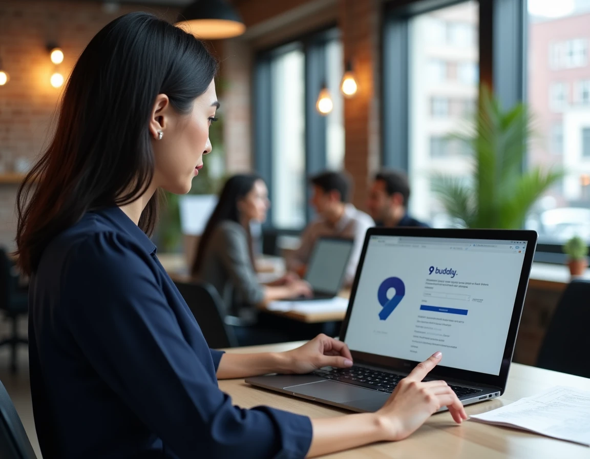 Femme utilisant 9buddy sur PC en milieu de travail moderne, suivant un guide d'installation pour débutants