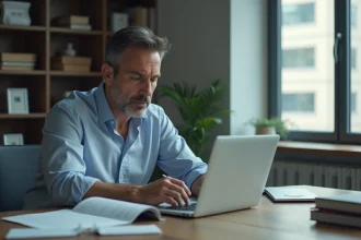 Homme d'affaires concentré devant son ordinateur dans un bureau moderne