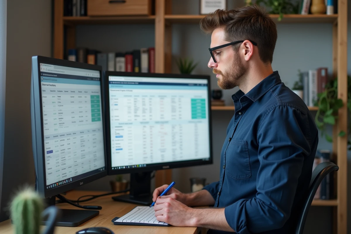 Homme analysant les prix des logiciels d'emailing sur double écran dans un bureau à domicile professionnel