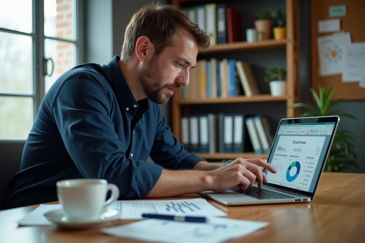 Homme en télétravail analysant un camembert semi-circulaire Excel sur ordinateur portable dans un bureau à domicile