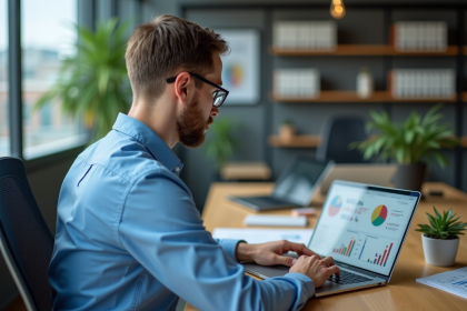 Homme en bureau analysant des graphiques colorés