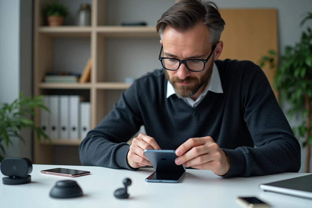 Homme appliquant un verre trempé sur son smartphone dans un bureau