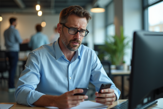 Homme d age moyen au bureau regardant un email suspect