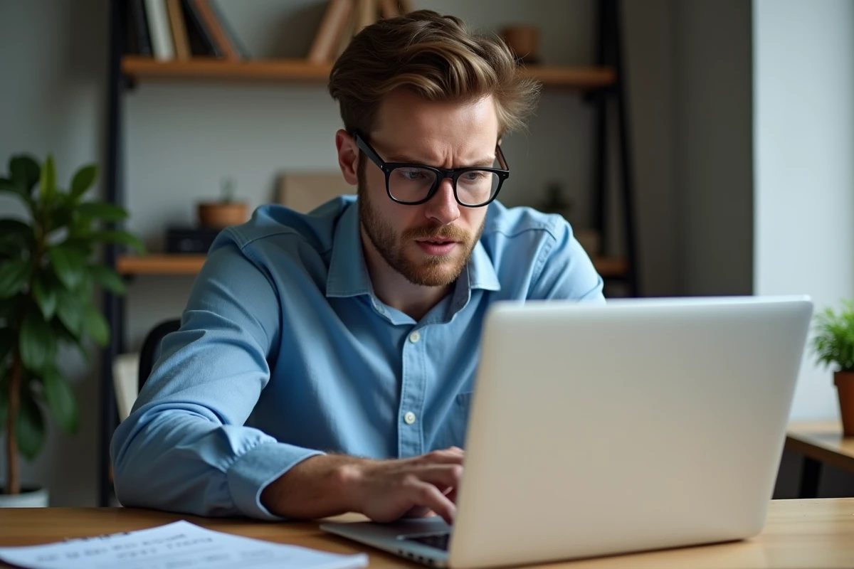 Jeune homme frustré travaillant sur son ordinateur dans un bureau moderne