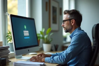 Homme d'âge moyen au bureau utilisant un ordinateur