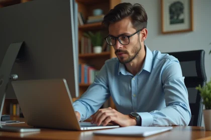 Jeune homme comparant ordinateur et laptop dans un bureau