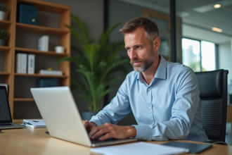 Homme d'affaires organisant ses emails au bureau