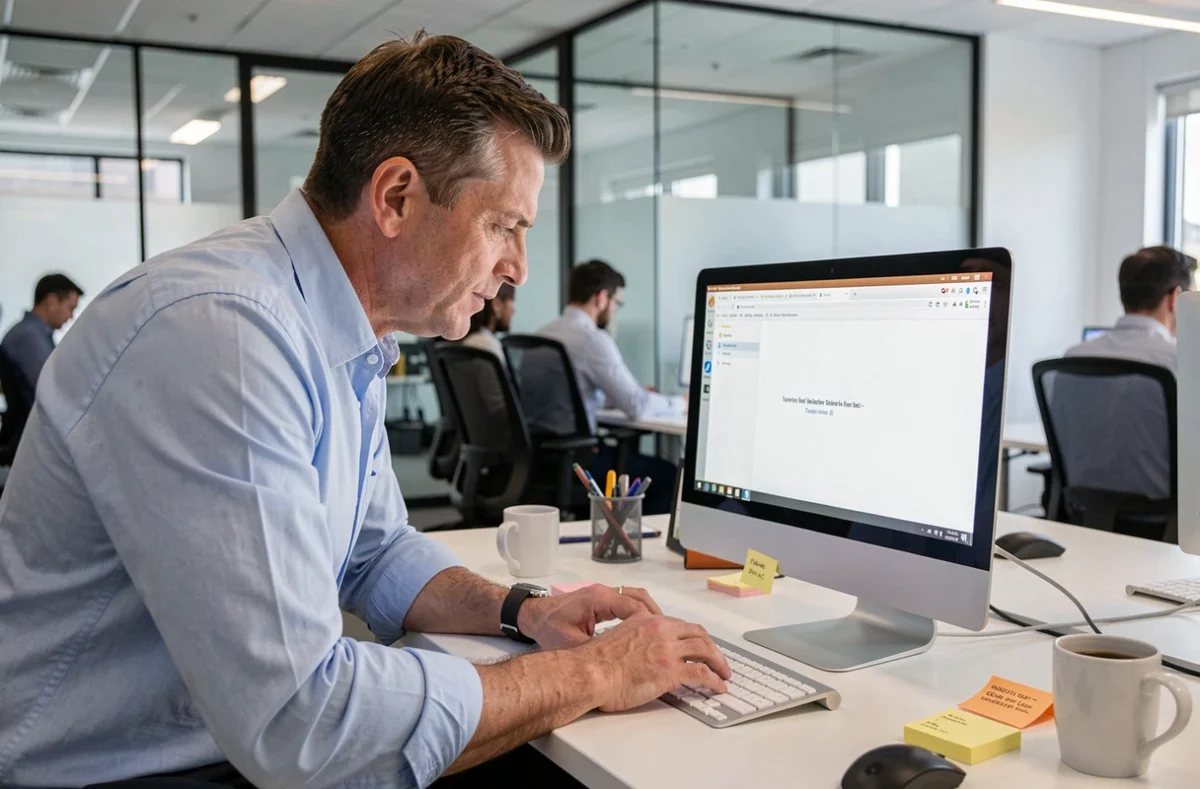 Homme en bureau professionnel face à un message d'erreur de portail inaccessible sur ordinateur de bureau