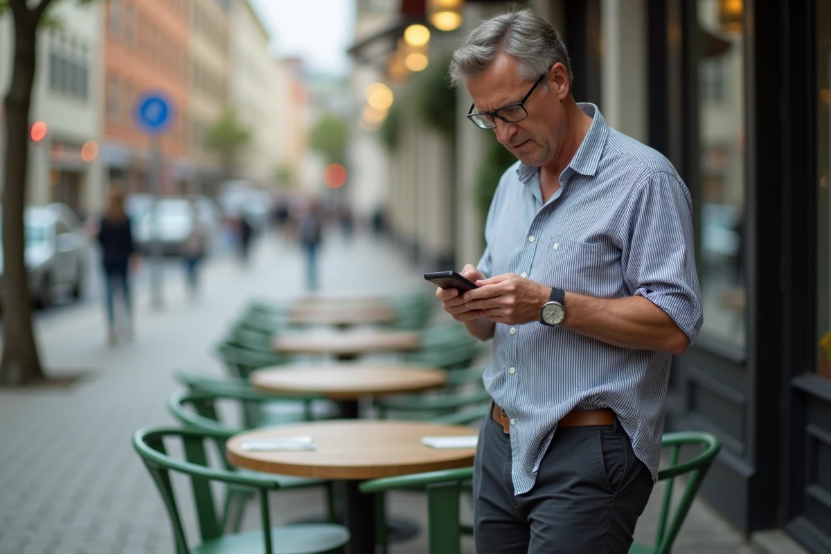 Homme d age moyen utilisant son smartphone en terrasse de café