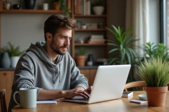 Homme décontracté utilisant un ordinateur dans un bureau maison