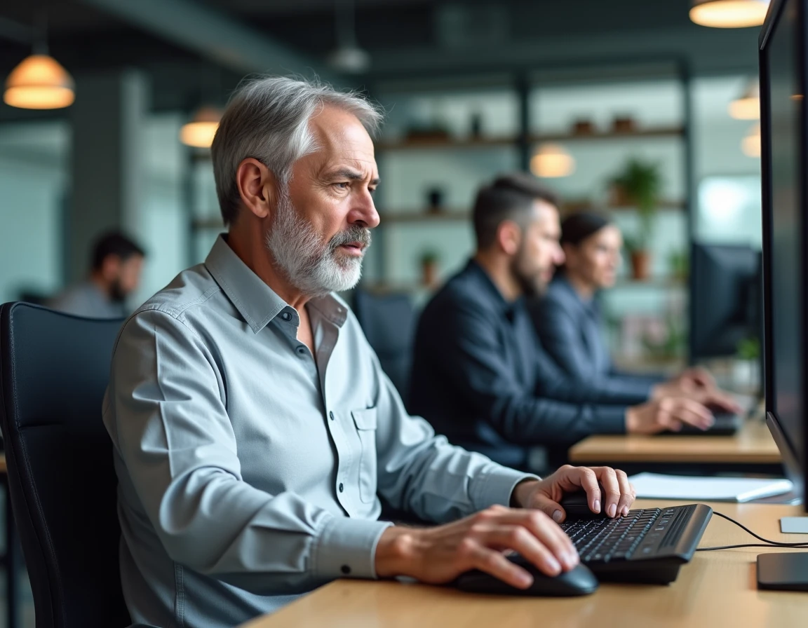 Homme utilisant un clavier ergonomique scindé et une souris verticale dans un bureau en open space