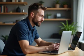 Homme en polo bleu configure un routeur dans un bureau moderne
