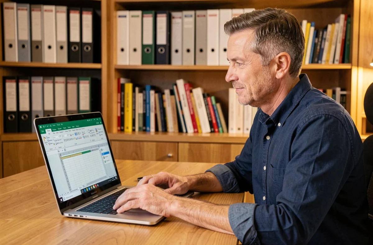 Homme en chemise bleue travaillant sur Excel depuis son bureau à domicile avec menu figer les volets ouvert