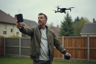 Homme d'âge moyen avec jammer dans son jardin