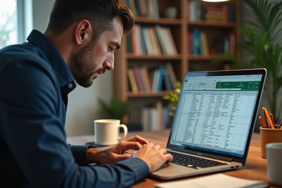 Homme saisissant une formule personnalisée dans Excel pour détecter les doublons sur un ordinateur portable à domicile