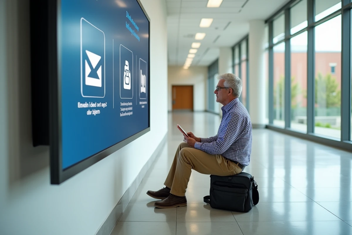 Homme étudiant dans un hall universitaire avec écran d